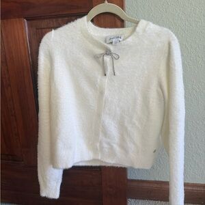 Joseph Ribkoff White Fuzzy Crewneck Cardigan with Tie Detail